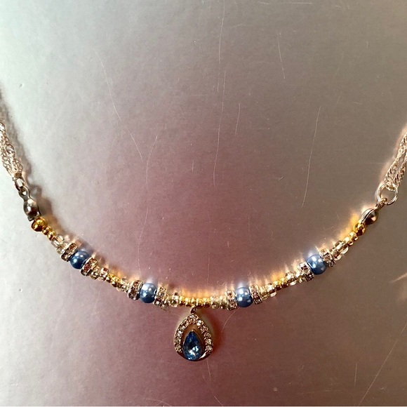 HAND CRAFTED Silver Gold Blue rhinestone pendant necklace Upcycled Vintage - Picture 5 of 6